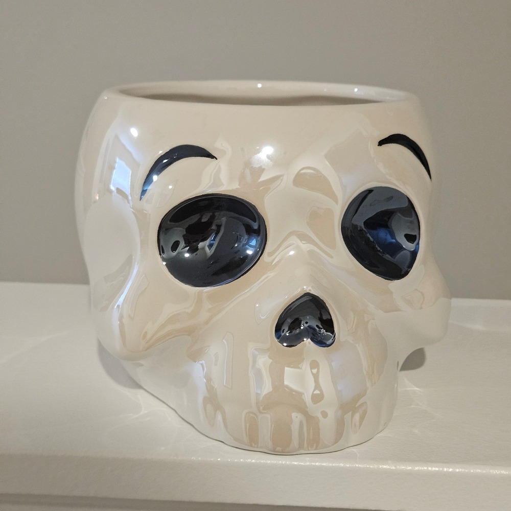 Skull Treat Jar Ceramic Planter White Iridescent Ceramic Halloween Gothic Witchy
